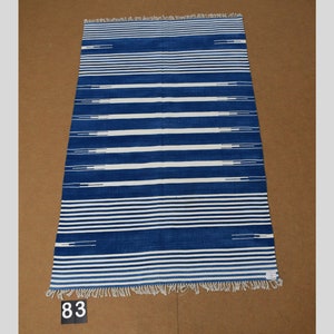 4x6 Indigo Blue and White stripes Modern Handmade Cotton Area Rug  Indian Dhurrie Rug | Flatweave Rug Tapestry Scandinavian Kilim