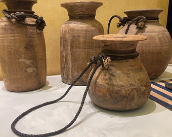 Rustic Vintage Indian Wooden Decor Milk Pot Himalayan Wooden Vase Nepal Decor Tabletop Decor. Natural Wood Circa 1940s Set of 4