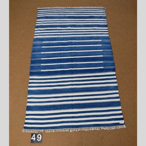4x6 Indigo Blue and White stripes Modern Handmade Cotton Area Rug  Indian Dhurrie Rug | Flatweave Rug Tapestry Scandinavian Kilim
