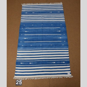 4x6 Indigo Blue and White stripes Modern Handmade Cotton Area Rug  Indian Dhurrie Rug | Flatweave Rug Tapestry Scandinavian Kilim