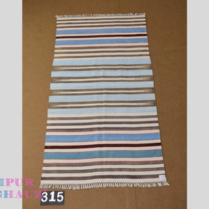 4x6 Blue Brown White Multi Color stripes Modern Handmade Cotton Area Rug  Indian Dhurrie Rug | Flatweave Rug Tapestry Scandinavian Kilim
