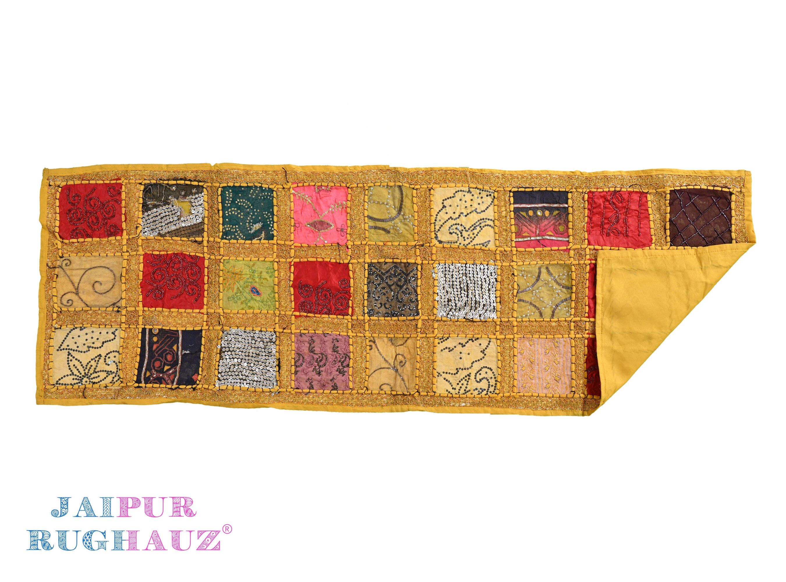 ヴィンテージインドのタペストリー：手刺繍の花柄デザイン、56 x 19