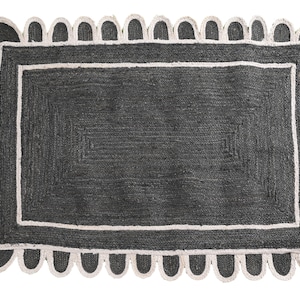Modern Handmade Jute Black and White Rug. Scalloped Hand Braided Neutral Jute Rug, Jute Scallop Rug, Jute Runner Rug, Hallway Runner Rug