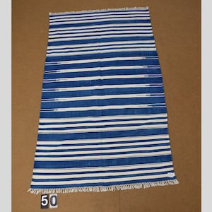 4x6 Indigo Blue and White stripes Modern Handmade Cotton Area Rug  Indian Dhurrie Rug | Flatweave Rug Tapestry Scandinavian Kilim