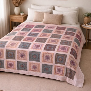 Vintage Pink Cotton Bedspread: Embroidered Floral Tapestry , Patch with Glass work , Boho Bed Cover