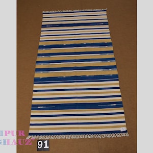 4x6 Blue Brown White Multi Color stripes Modern Handmade Cotton Area Rug  Indian Dhurrie Rug | Flatweave Rug Tapestry Scandinavian Kilim