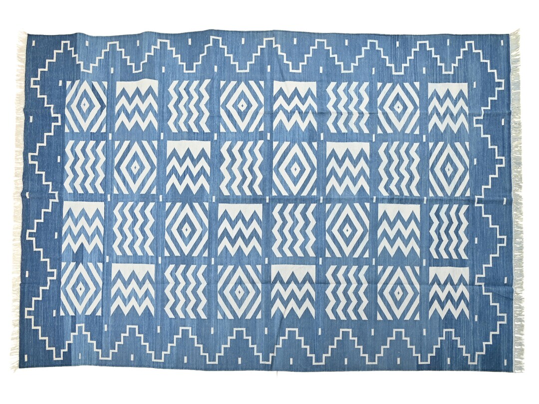 Indigo Blue and White Abstract Dhurrie Rug: Handmade Indian Cotton ...
