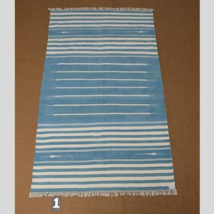4x6 Indigo Blue and White stripes Modern Handmade Cotton Area Rug  Indian Dhurrie Rug | Flatweave Rug Tapestry Scandinavian Kilim