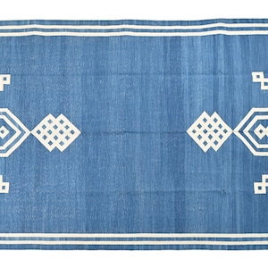 Indigo Blue Cotton Dhurrie Rug: Modern Scandinavian Flatweave