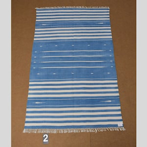 4x6 Indigo Blue and White stripes Modern Handmade Cotton Area Rug  Indian Dhurrie Rug | Flatweave Rug Tapestry Scandinavian Kilim