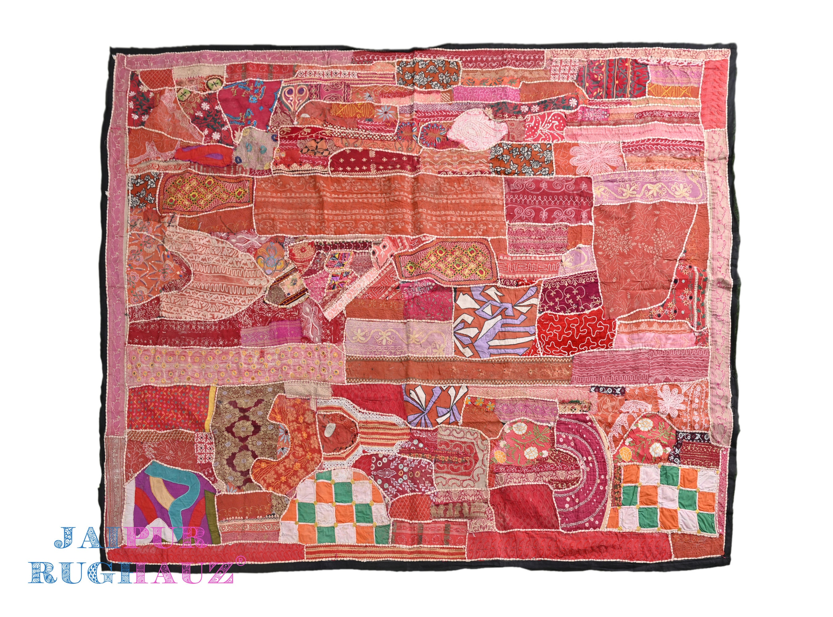 ヴィンテージ インド タペストリー：手刺繍の花柄壁掛け（92 x 75