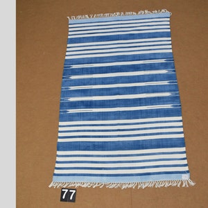 4x6 Indigo Blue and White stripes Modern Handmade Cotton Area Rug  Indian Dhurrie Rug | Flatweave Rug Tapestry Scandinavian Kilim