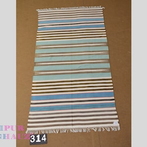 4x6 Blue Brown White Multi Color stripes Modern Handmade Cotton Area Rug  Indian Dhurrie Rug | Flatweave Rug Tapestry Scandinavian Kilim