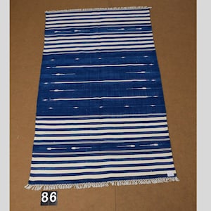 4x6 Indigo Blue and White stripes Modern Handmade Cotton Area Rug  Indian Dhurrie Rug | Flatweave Rug Tapestry Scandinavian Kilim