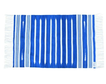 Handmade Cotton Dhurrie Rug: Blue Indigo Reversible Accent Mat
