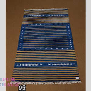 4x6 Blue Brown White Multi Color stripes Modern Handmade Cotton Area Rug  Indian Dhurrie Rug | Flatweave Rug Tapestry Scandinavian Kilim
