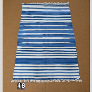 4x6 Indigo Blue and White stripes Modern Handmade Cotton Area Rug  Indian Dhurrie Rug | Flatweave Rug Tapestry Scandinavian Kilim