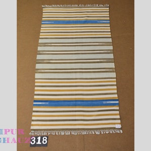 4x6 Blue Brown White Multi Color stripes Modern Handmade Cotton Area Rug  Indian Dhurrie Rug | Flatweave Rug Tapestry Scandinavian Kilim
