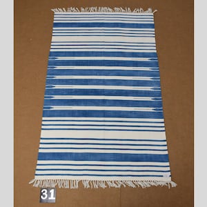 4x6 Indigo Blue and White stripes Modern Handmade Cotton Area Rug  Indian Dhurrie Rug | Flatweave Rug Tapestry Scandinavian Kilim