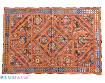 60x40 in Vintage Indian Gujrati Tapestry: 70-80 years old, hand-embroidered, floral design. Perfect for kids&#39; and living room decor