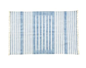 Modern Handmade Cotton Area Rug. Indian Dhurrie Rug Reversible Light Indigo Natural Vegetable Dyed Eco Friendly Rugs Wall Tapestry