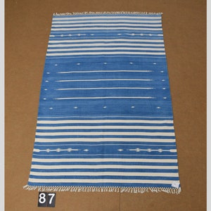 4x6 Indigo Blue and White stripes Modern Handmade Cotton Area Rug  Indian Dhurrie Rug | Flatweave Rug Tapestry Scandinavian Kilim