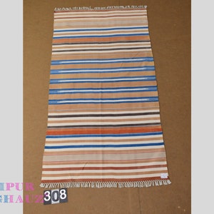 4x6 Blue Brown White Multi Color stripes Modern Handmade Cotton Area Rug  Indian Dhurrie Rug | Flatweave Rug Tapestry Scandinavian Kilim