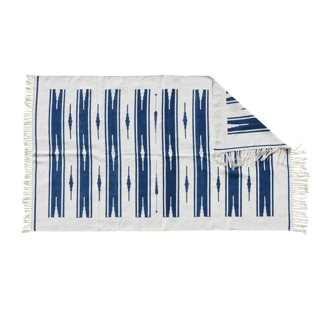 Modern Handmade Cotton Area Rug. Indian Dhurrie Rug Reversible Indigo ...