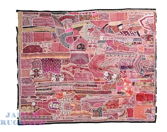 92x75 in Vintage Indian Gujrati Tapestry: 70-80 years old, hand-embroidered, floral design. Perfect for kids&#39; and living room decor