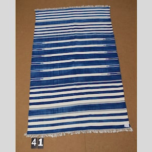 4x6 Indigo Blue and White stripes Modern Handmade Cotton Area Rug  Indian Dhurrie Rug | Flatweave Rug Tapestry Scandinavian Kilim