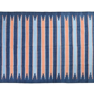 5x8 Blue and Brown Stripes Modern Handmade Cotton Area Indian Dhurrie Flatweave Wool Rug Pink Cotton Rug Tapestry Scandinavian Rug | Kilim