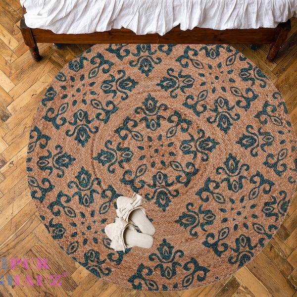 3 ft Jute Mandala Teppich - Künstlerische Ruhe Laden Sie künstlerische Ruhe im Innenbereich mit unserem Teppich ein. Mandala-Design, umweltfreundlich und für Haustiere sicher.