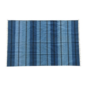 Handmade Cotton Dhurrie Rug: Ombre Blue Striped Area Rug