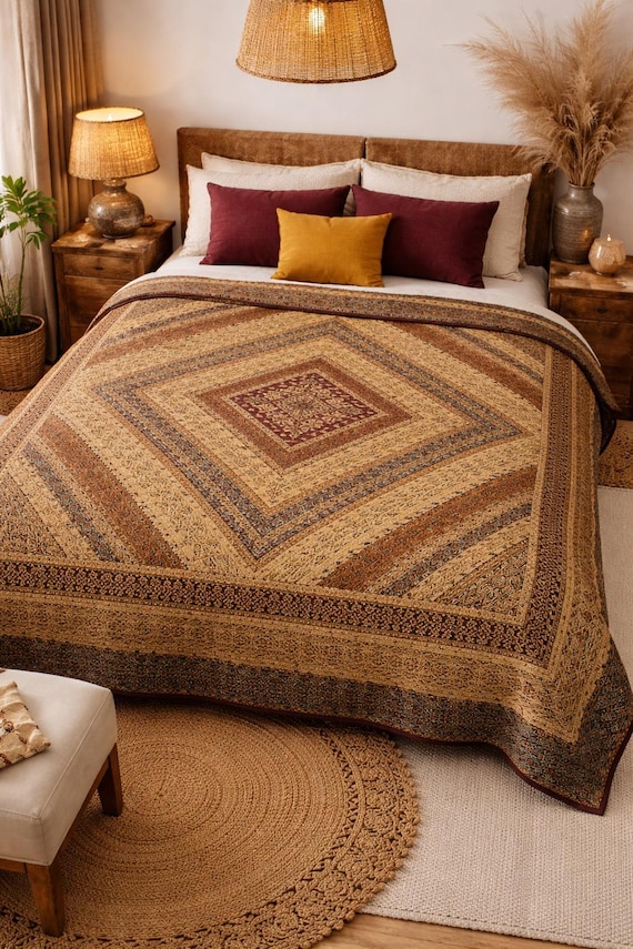 Vintage Braune Baumwolle Tagesdecke - Handgemachter bestickter Boho Überwurf, indisches Textildekor