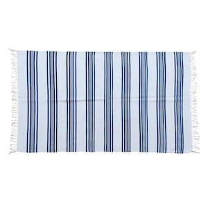 Handmade Indigo Striped Cotton Dhurrie Rug: Reversible Beach Decor