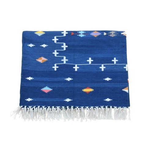 Modern Handmade Cotton Area Rug. Indian Dhurrie Rug Reversible Blue Galaxy Natural Vegetable Dyed Eco Friendly Rugs Wall shops Tapestry