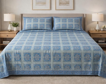 Vintage Blue Floral Cotton Quilt – Embroidered Persian Bedspread