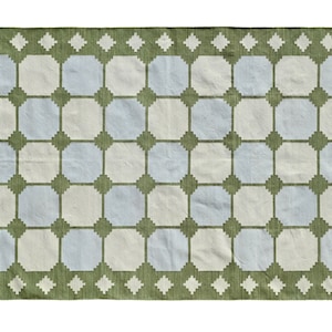 Modern Handmade Cotton/Wool Area Rug Green Blue Indian Dhurrie Rug Reversible Kilim Natural Dyed Eco Friendly Rugs Wall Tapestry