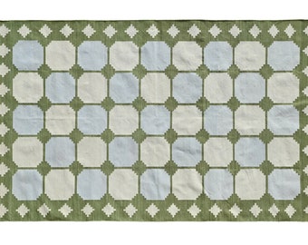 Modern Handmade Cotton/Wool Area Rug Green Blue Indian Dhurrie Rug Reversible Kilim Natural Dyed Eco Friendly Rugs Wall Tapestry