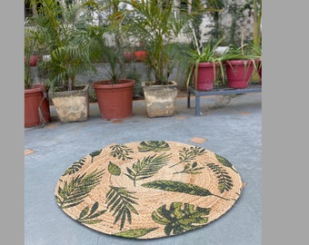 Handmade Green Jute Rug: Round Floral Indian Reversible Mat