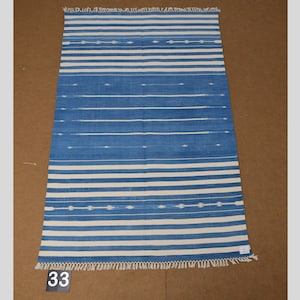4x6 Indigo Blue and White stripes Modern Handmade Cotton Area Rug  Indian Dhurrie Rug | Flatweave Rug Tapestry Scandinavian Kilim