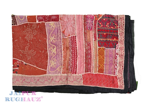 ヴィンテージ インド タペストリー：手刺繍の花柄壁掛け（92 x 75