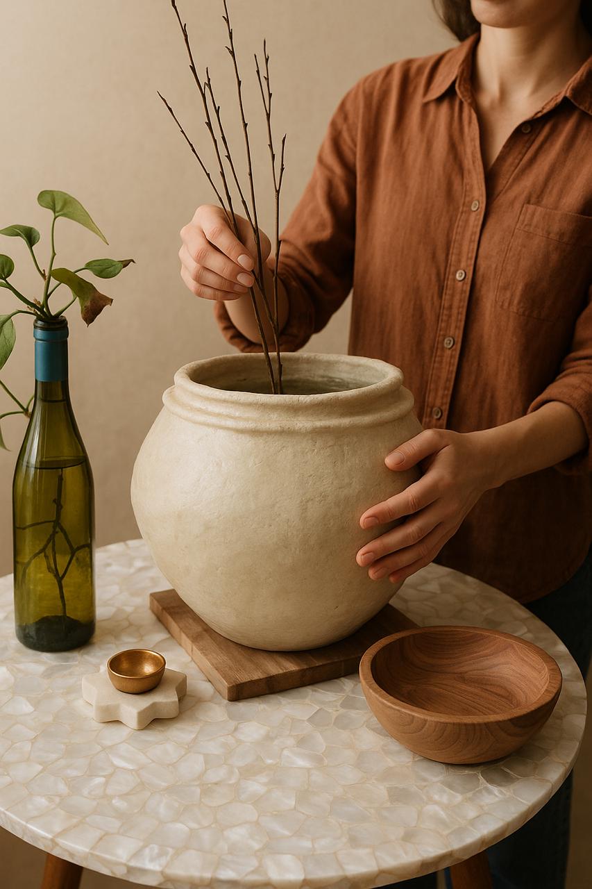 Handmade Paper Mâché Pot | Eco-Friendly Decorative Planter | Lightweight Vase | Rustic Boho Home Decor | Luxe Boho Decor