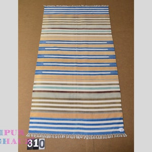 4x6 Blue Brown White Multi Color stripes Modern Handmade Cotton Area Rug  Indian Dhurrie Rug | Flatweave Rug Tapestry Scandinavian Kilim