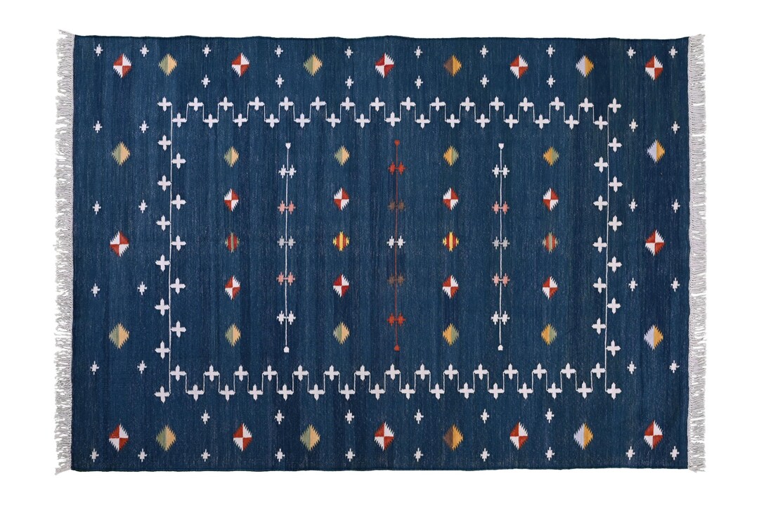 Indigo Indian Dhurrie Rug: Handmade Cotton Wool Flatweave - Etsy