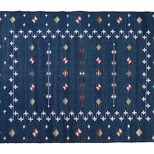 Indigo Indiaas dhurrie-vloerkleed: handgemaakt platgeweven katoenwol