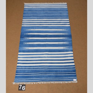 4x6 Indigo Blue and White stripes Modern Handmade Cotton Area Rug  Indian Dhurrie Rug | Flatweave Rug Tapestry Scandinavian Kilim