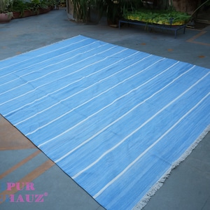 Cotton Area Rug Blue and white stripes Handmade Indian Dhurrie Reversible Indigo Natural Vegetable Dyed Eco Friendly Rugs for living room