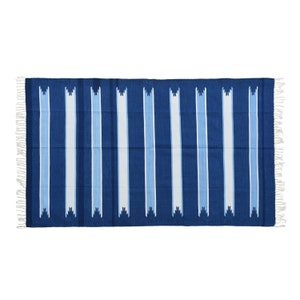 Handmade Cotton Dhurrie Rug: Indigo Blue Striped Reversible Area Rug