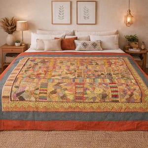 Colcha Vintage Vermelha Floral: Tapeçaria Patchwork Bordada à Mão, Tecido Indiano Mostarda com Detalhes Bordados à Mão